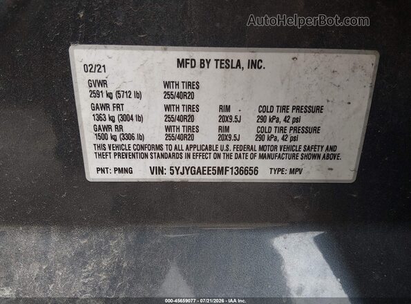 5YJYGAEE5MF136656 2021 TESLA MODEL Y Gray ძრავის განყოფილების ხედი