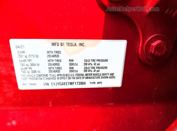 5YJYGAEE7MF173904 2021 TESLA MODEL Burgundy Vista de la etiqueta del VIN