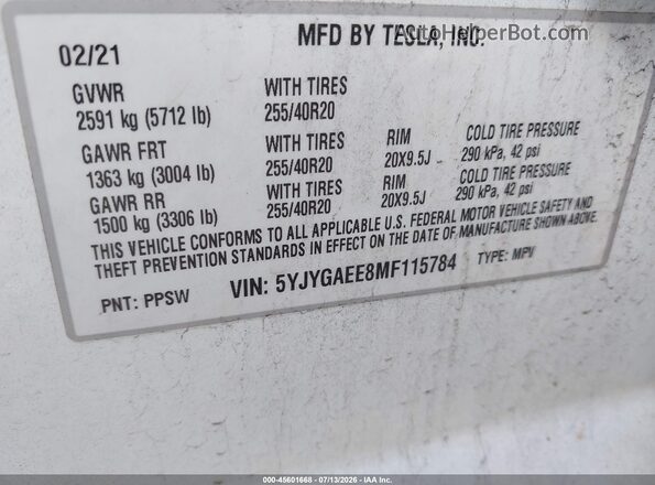 5YJYGAEE8MF115784 2021 TESLA MODEL Y White VIN կոդի պիտակի տեսք