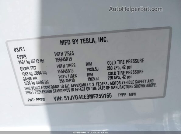 5YJYGAEE9MF259165 2021 TESLA MODEL Y Белый Вид подкапотного пространства