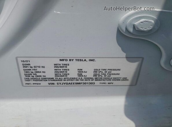 5YJYGAEE9MF301303 2021 TESLA MODEL White Widok komory silnika