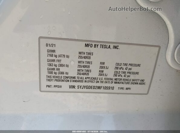 5YJYGDED2MF105910 2021 TESLA MODEL Y Белый Вид подкапотного пространства