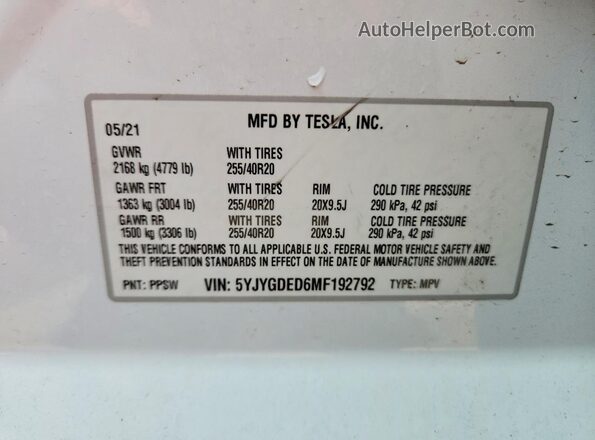 5YJYGDED6MF192792 2021 TESLA MODEL White Շարժիչի բաժամունքի տեսք