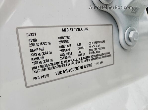 5YJYGDED7MF125909 2021 TESLA MODEL White Vista de la etiqueta del VIN