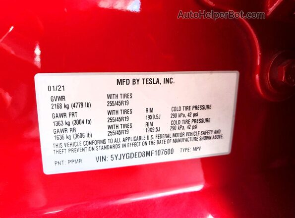 5YJYGDED8MF107600 2021 TESLA MODEL Red VIN კოდის სტიკერის ხედი