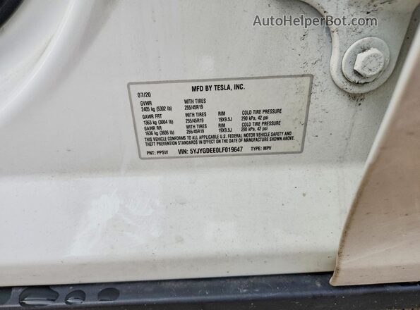 5YJYGDEE0LF019647 2020 TESLA MODEL White Vista de la etiqueta del VIN