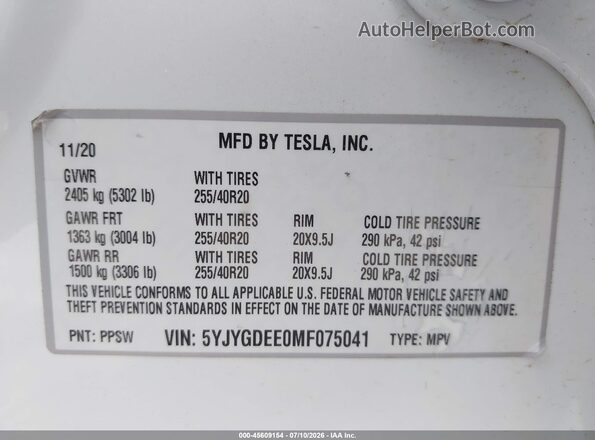 5YJYGDEE0MF075041 2021 TESLA MODEL Y Белый Вид подкапотного пространства