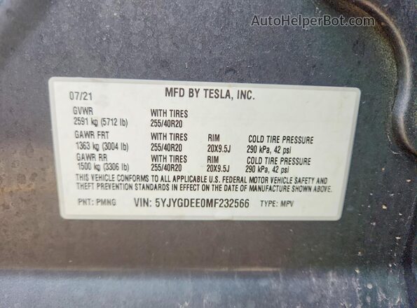 5YJYGDEE0MF232566 2021 TESLA MODEL Gray VIN կոդի պիտակի տեսք