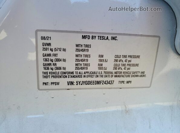 5YJYGDEE0MF243437 2021 TESLA MODEL White VIN კოდის სტიკერის ხედი