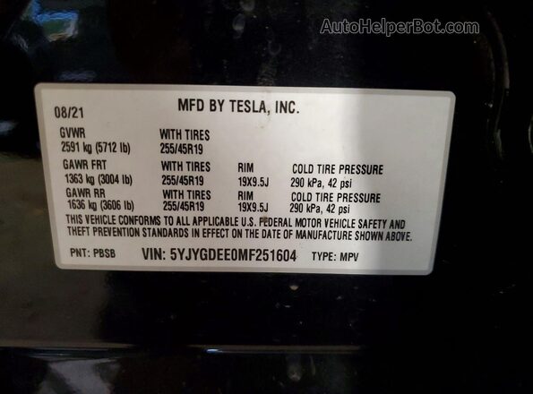 5YJYGDEE0MF251604 2021 TESLA MODEL Black Вид наклейки з VIN-кодом