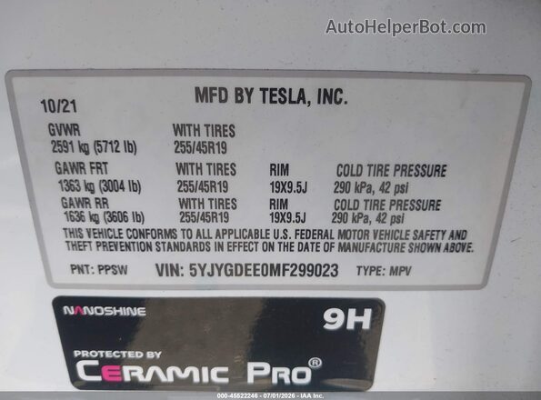 5YJYGDEE0MF299023 2021 TESLA MODEL Y White Widok komory silnika