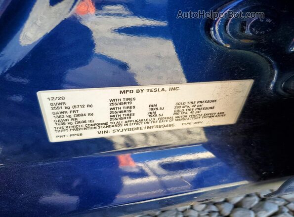 5YJYGDEE1MF089496 2021 TESLA MODEL Blue VIN sticker view
