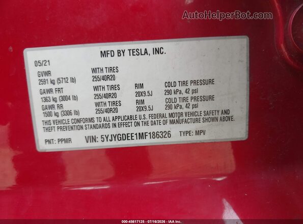 5YJYGDEE1MF186326 2021 TESLA MODEL Y Красный Вид подкапотного пространства