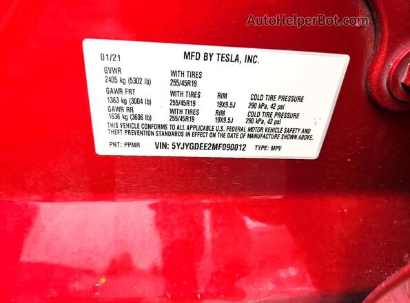 5YJYGDEE2MF090012 2021 TESLA MODEL Красный Вид наклейки с VIN-кодом