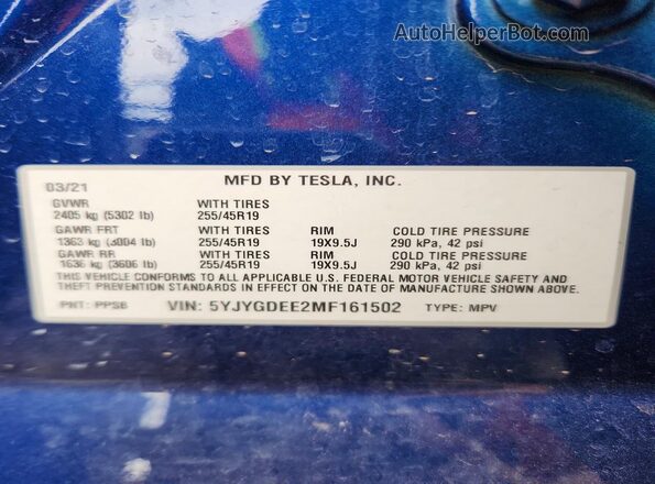 5YJYGDEE2MF161502 2021 TESLA MODEL Blue Vista de la etiqueta del VIN