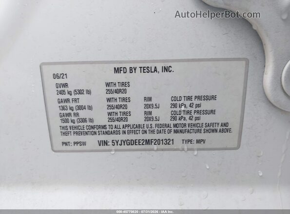 5YJYGDEE2MF201321 2021 TESLA MODEL Y Белый Вид подкапотного пространства