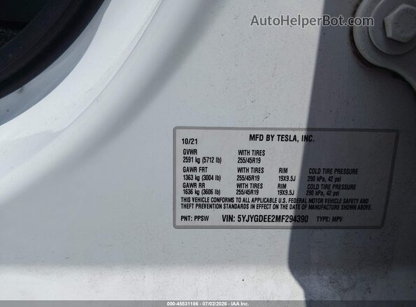 5YJYGDEE2MF294390 2021 TESLA MODEL Y White Engine compartment view