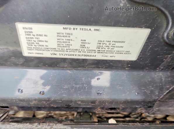 5YJYGDEE3LF006844 2020 TESLA MODEL Gray Widok naklejki z numerem VIN