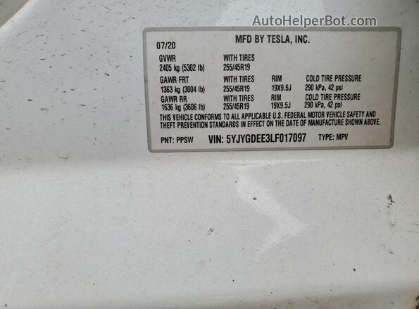 5YJYGDEE3LF017097 2020 TESLA MODEL White VIN sticker view