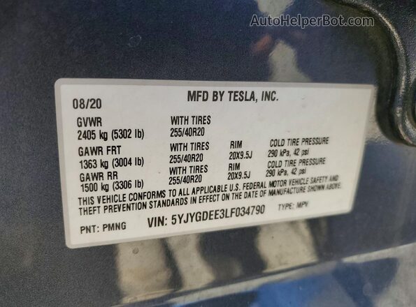 5YJYGDEE3LF034790 2020 TESLA MODEL Gray Вид підкапотного простору