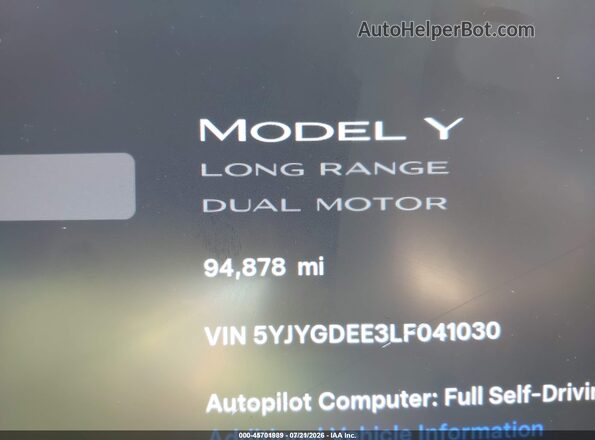 5YJYGDEE3LF041030 2020 TESLA MODEL Y Black 