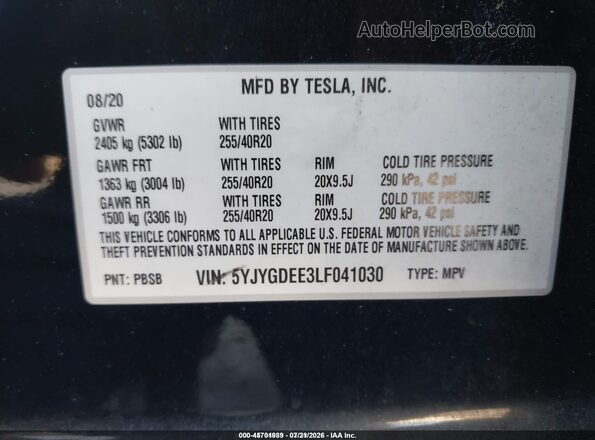 5YJYGDEE3LF041030 2020 TESLA MODEL Y Black ძრავის განყოფილების ხედი