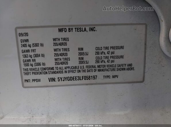 5YJYGDEE3LF058197 2020 TESLA MODEL Y White ძრავის განყოფილების ხედი