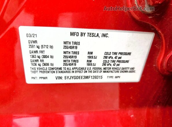 5YJYGDEE3MF139315 2021 TESLA MODEL Red Вид підкапотного простору