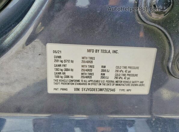 5YJYGDEE3MF202946 2021 TESLA MODEL Угольный Вид наклейки с VIN-кодом