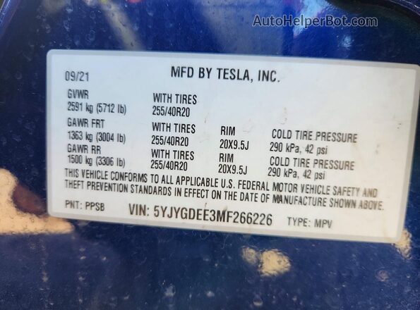 5YJYGDEE3MF266226 2021 TESLA MODEL Blue Widok komory silnika