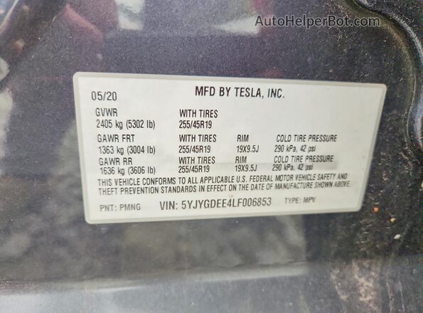 5YJYGDEE4LF006853 2020 TESLA MODEL Gray Շարժիչի բաժամունքի տեսք