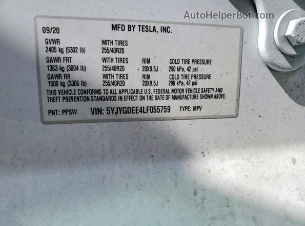 5YJYGDEE4LF055759 2020 TESLA MODEL White Vista interior de 360 grados