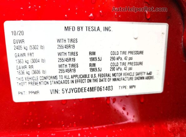 5YJYGDEE4MF061403 2021 TESLA MODEL Red Вид підкапотного простору
