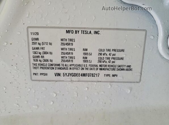 5YJYGDEE4MF078217 2021 TESLA MODEL Белый Панорамный вид салона 360°