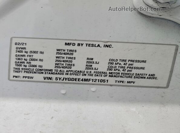 5YJYGDEE4MF121051 2021 TESLA MODEL White Շարժիչի բաժամունքի տեսք