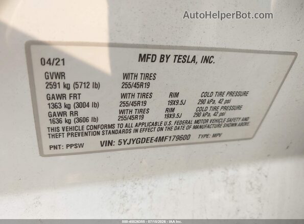 5YJYGDEE4MF179600 2021 TESLA MODEL Y Белый Вид подкапотного пространства