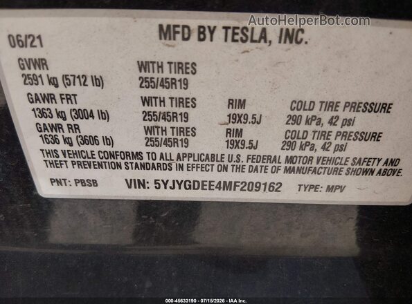 5YJYGDEE4MF209162 2021 TESLA MODEL Y Black Շարժիչի բաժամունքի տեսք