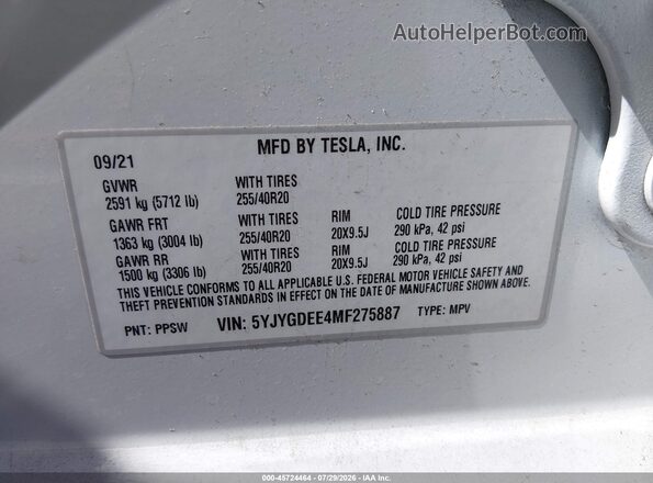 5YJYGDEE4MF275887 2021 TESLA MODEL Y Белый Вид подкапотного пространства