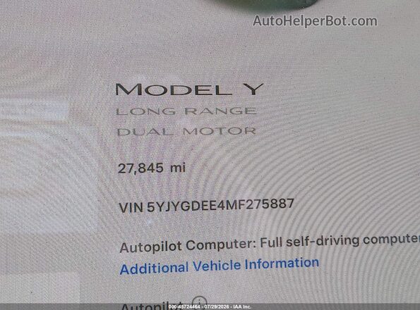 5YJYGDEE4MF275887 2021 TESLA MODEL Y Белый 