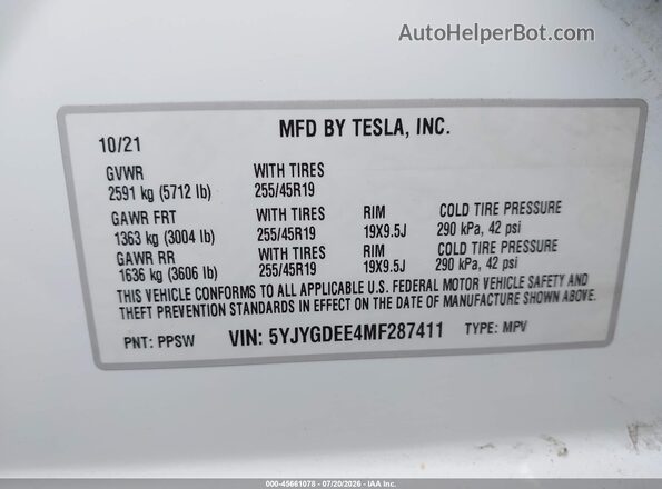 5YJYGDEE4MF287411 2021 TESLA MODEL Y White Vista del compartimento del motor