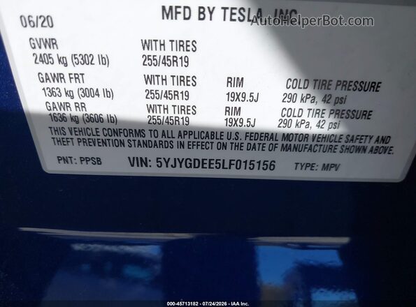 5YJYGDEE5LF015156 2020 TESLA MODEL Y Blue ძრავის განყოფილების ხედი