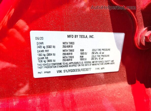 5YJYGDEE5LF023077 2020 TESLA MODEL Red Widok naklejki z numerem VIN