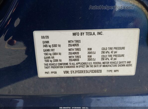 5YJYGDEE5LF036928 2020 TESLA MODEL Y Blue Vista del compartimento del motor