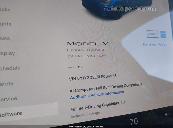 5YJYGDEE5LF036928 2020 TESLA MODEL Y Blue Vista interior de 360 grados