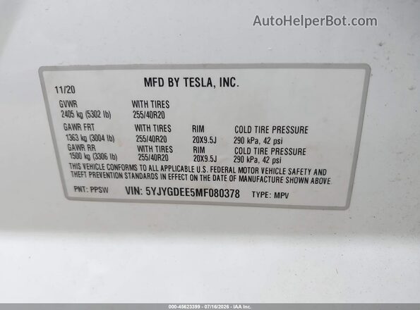 5YJYGDEE5MF080378 2021 TESLA MODEL Y Белый Вид подкапотного пространства