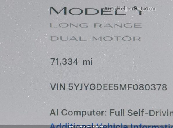 5YJYGDEE5MF080378 2021 TESLA MODEL Y Белый 