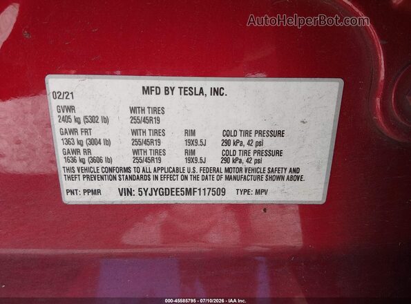 5YJYGDEE5MF117509 2021 TESLA MODEL Y Red Շարժիչի բաժամունքի տեսք