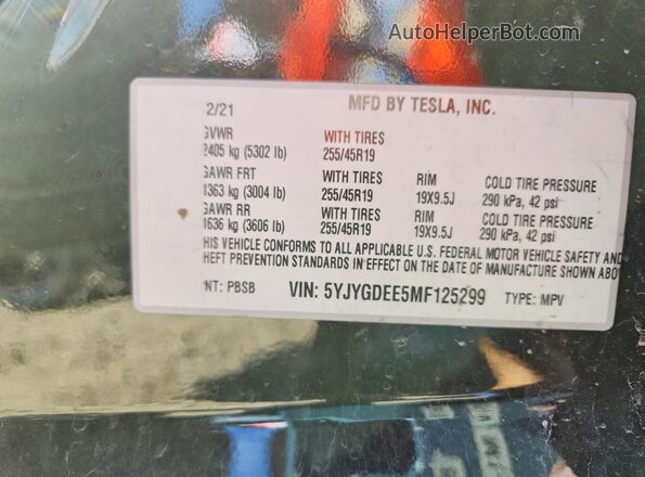 5YJYGDEE5MF125299 2021 TESLA MODEL Black VIN կոդի պիտակի տեսք