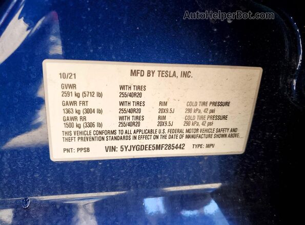 5YJYGDEE5MF285442 2021 TESLA MODEL Blue VIN კოდის სტიკერის ხედი