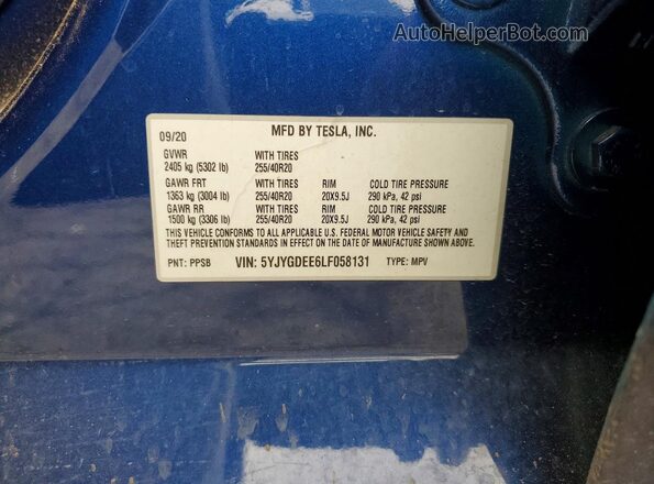 5YJYGDEE6LF058131 2020 TESLA MODEL Blue Вид наклейки з VIN-кодом